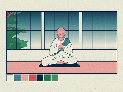 Meditate character bokashi bow character design gradient meditation monk nun paper press print shala sit ukiyo-e wai woodblock zen