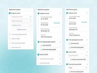 Application progress (Customer Support) application status courrier management customer support egov government hellogov logistics logistics management ops dashboard ops tool order fulfillment shipping shipping flow shipping management step by step tracking status user management workflow