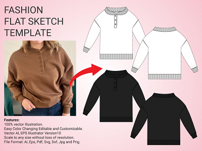 Raglan Long Sleeve T-shirt Fashion Flat Sketch, Fashion Template