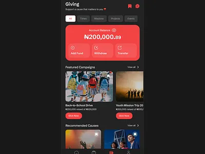 Donation App - Dark Mode app christian app donation fintech fintech services mobile app ui uiux user experience user interface ux
