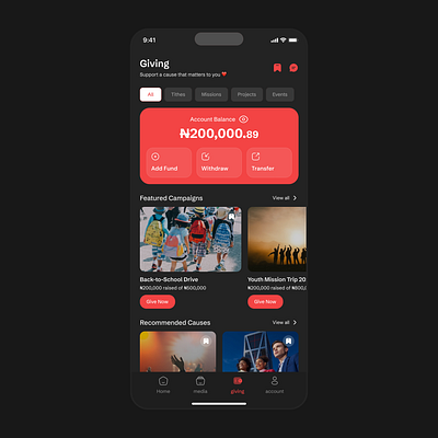 Donation App - Dark Mode app christian app donation fintech fintech services mobile app ui uiux user experience user interface ux