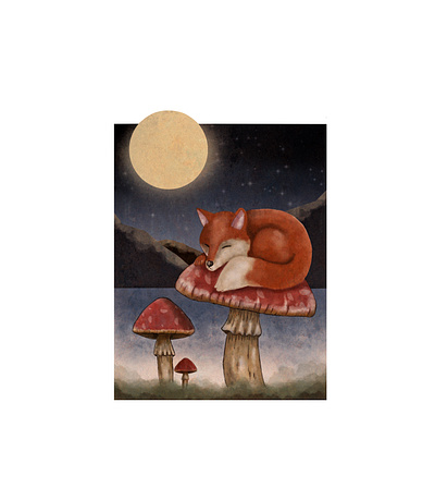 Sleepy Fox adorable animal illustration book illustration children books cute forest fox illustration kids illustration landscape moon mountains mushrooms texture watercolor whimsical
