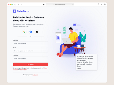 Daily UI 01 - Sign Up Page challenge clean design dailyui dailyui01 dailyui100 focus app focus website productivity sign up sign up page signup signuppage ui ux web application