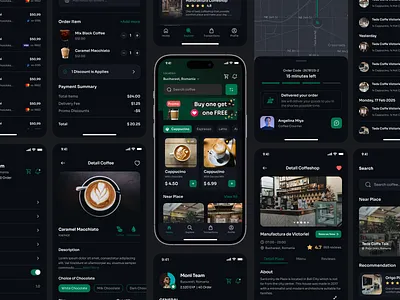 CoffeQu - Coffe Shop Mobile App Dark Mode app design branding coffee coffee app creative design design featured figma like mobile mobile app mobile design modern design premium uikit templates ui ui8 uikit