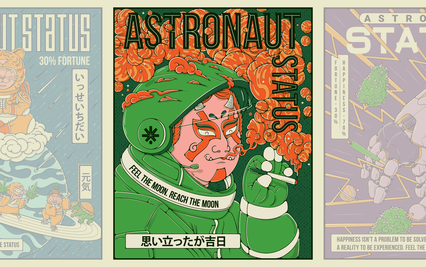 Astronaut Status astronaut cannabis character design cosmos design editorial illustration graphic design illustration japanese japanese character japanese devil japanese oni japanese style poster smoke space vector