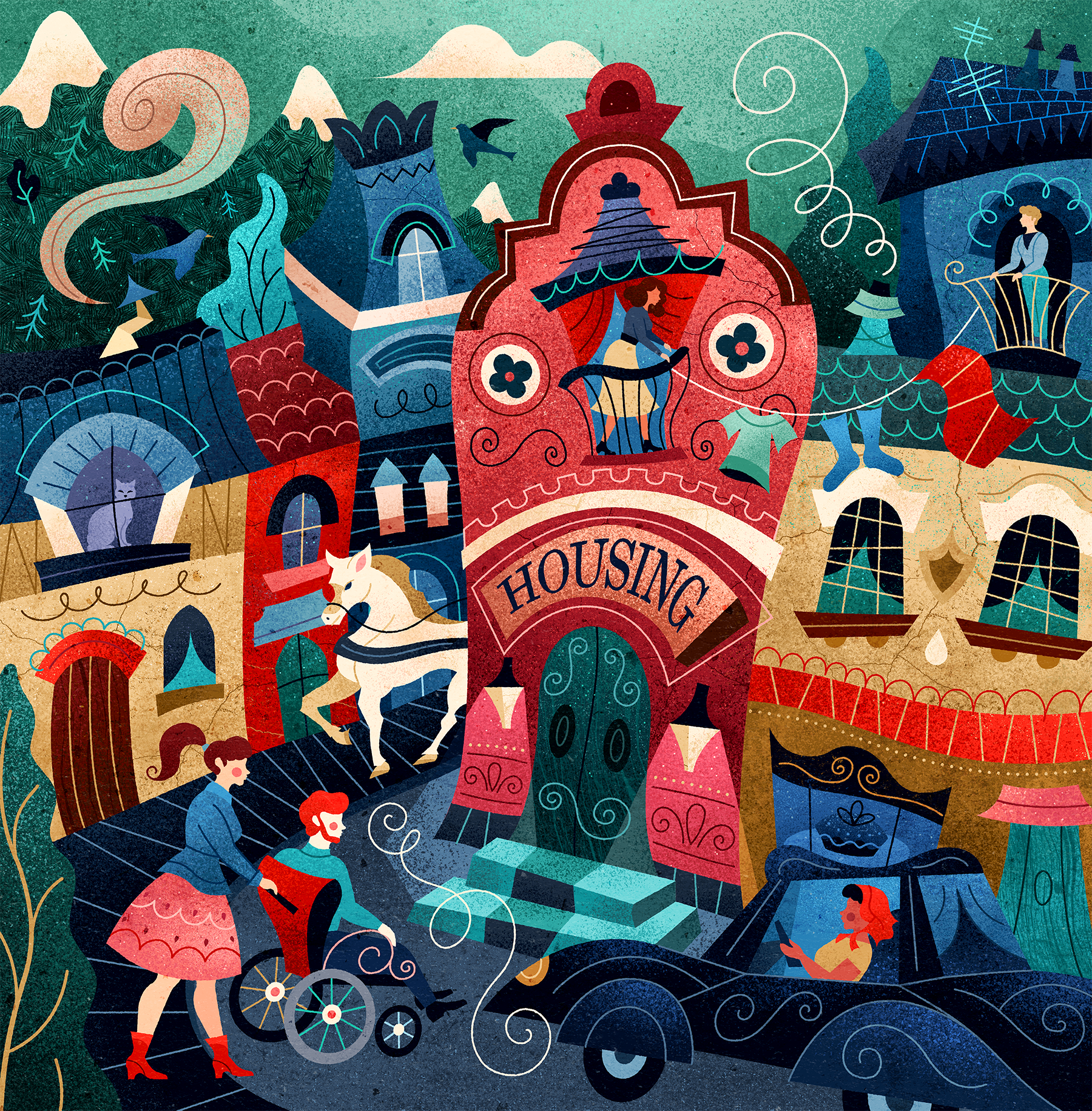 Old Town Housing abstract adobe illustrator buildings car cat community design editorial flat fog horse housing illustration oldtown pattern town trees vector village window