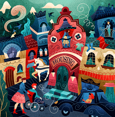 Old Town Housing abstract adobe illustrator buildings car cat clothes community design editorial geometric horse housing illustration oldtown pattern town trees vector village window