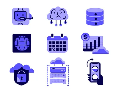 Ai + Cloud Icons calender chat bot cloud globe icons mobile phone server symbols tech ui icons