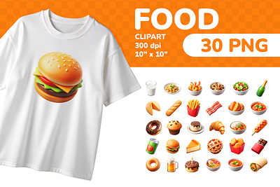 Food PNG Clipart Set 30 Items for Sublimation & Print 3d cartoon clipart colorful dessert education emoji fastfood food icon icons illustration isolated meal png printable set snack sticker ui