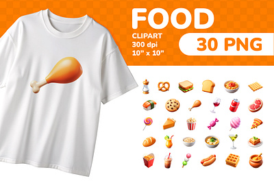 Food PNG Clipart Set 30 Items for Sublimation & Print 3d cartoon clipart colorful drinks education emoji fastfood food icon icons illustration isolated png printable set snacks sticker sweets ui