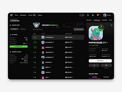 Droppp Arcade - Leaderboard arcade design ecommerce leaderboard marketplace nft rank rankings ui ux web