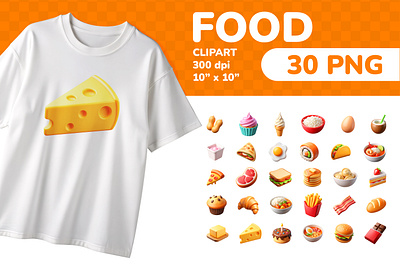 Food PNG Clipart Set 30 Items for Sublimation & Print 3d cartoon cheese clipart colorful dairy education emoji fastfood food icon icons illustration isolated png printable set sticker sweets ui