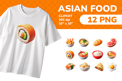 Asian Food PNG Clipart Set 12 Items for Sublimation & Print 3d asian cartoon clipart colorful dumplings education emoji food icon icons illustration isolated png printable ramen rice set sticker ui
