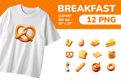 Breakfast PNG Clipart Set 12 Items for Sublimation & Print 3d bread breakfast cartoon cheese clipart colorful education emoji icon icons illustration isolated morning pastry png printable set sticker ui