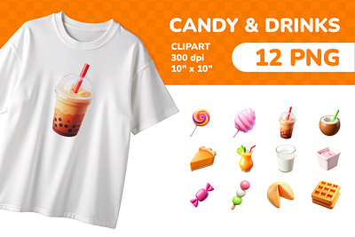 Candy & Drinks PNG Clipart Set 12 Items for Sublimation 3d bubbletea candy cartoon clipart colorful dessert drinks education emoji icon icons illustration isolated png printable set sticker sweets ui