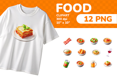Food PNG Clipart Set 12 Items for Sublimation and Print 3d cartoon clipart colorful education emoji food icon icons illustration isolated lasagna pasta png printable set soup sticker ui vegetables