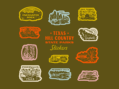 Texas Hill Country State Parks branding cave caverns design falls graphic design hill country hill country state parks illustration illustration art logo nature rivers state parks stickers texas state parks texture trees typography vector