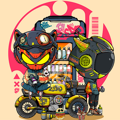 Dynamic Duo anime art cartoon character cyberpunk design doodle dystopian illustration streetart urbanart vector