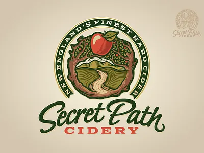 Secret Path Cidery Logo apple beer bottle bottling brewery brewing cider cidery distillery drink fruit illustration label leaf logo nature tree vintage wine winery