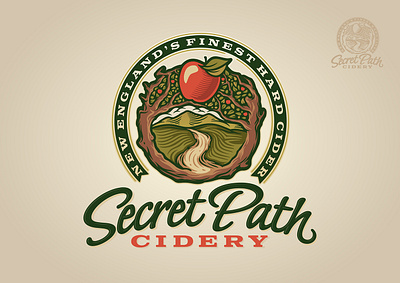 Secret Path Cidery Logo apple beer bottle bottling brewery brewing cider cidery distillery drink fruit illustration label leaf logo nature tree vintage wine winery