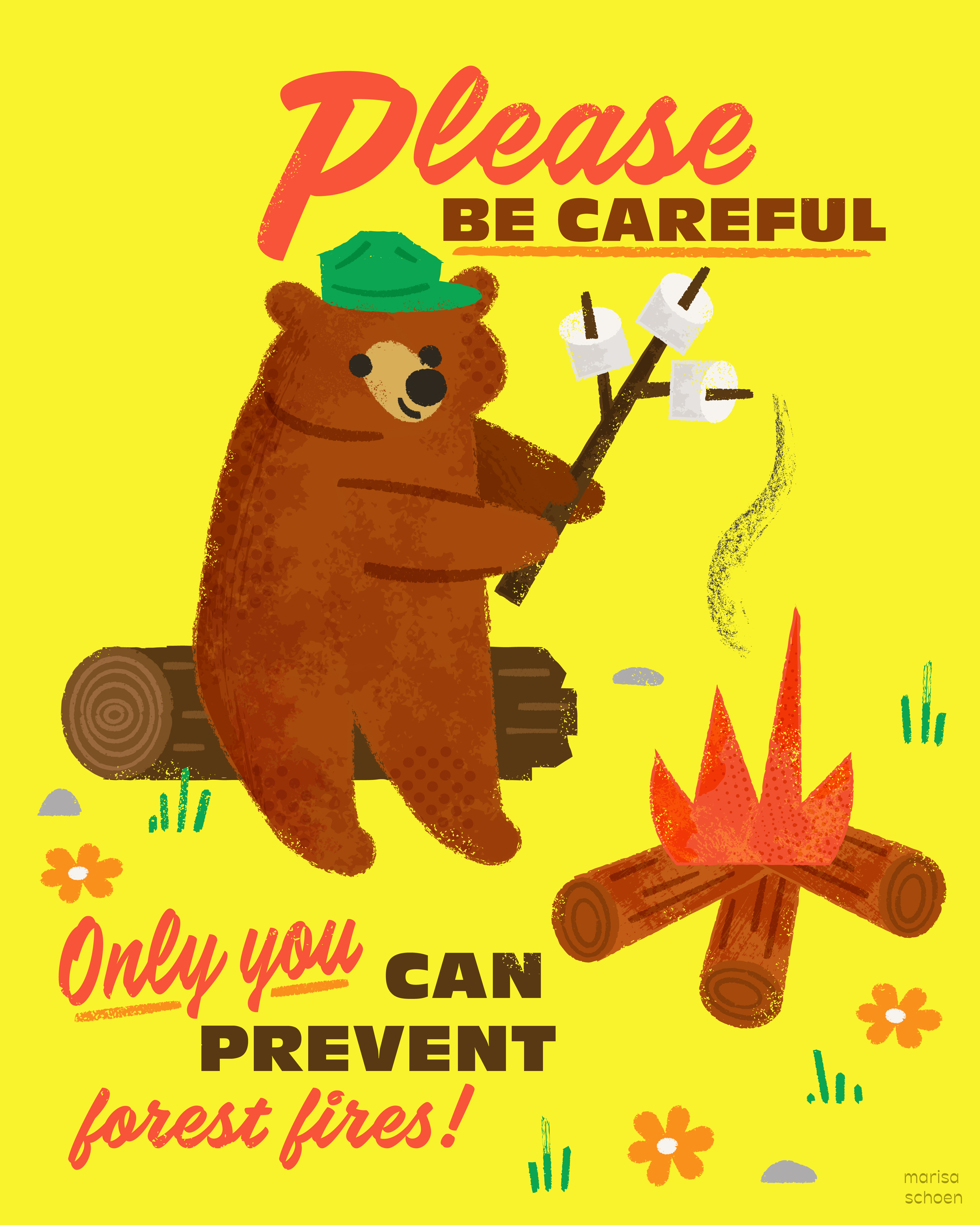 only you can prevent forest fires bear campfire camping character flowers marshmallow mid century outdoors retro summer texture typography