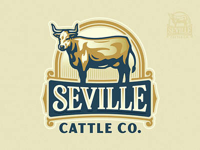 Seville Cattle Farm Logo bull cattle cow farm farming illustration livestock logo longhorn steer vintage