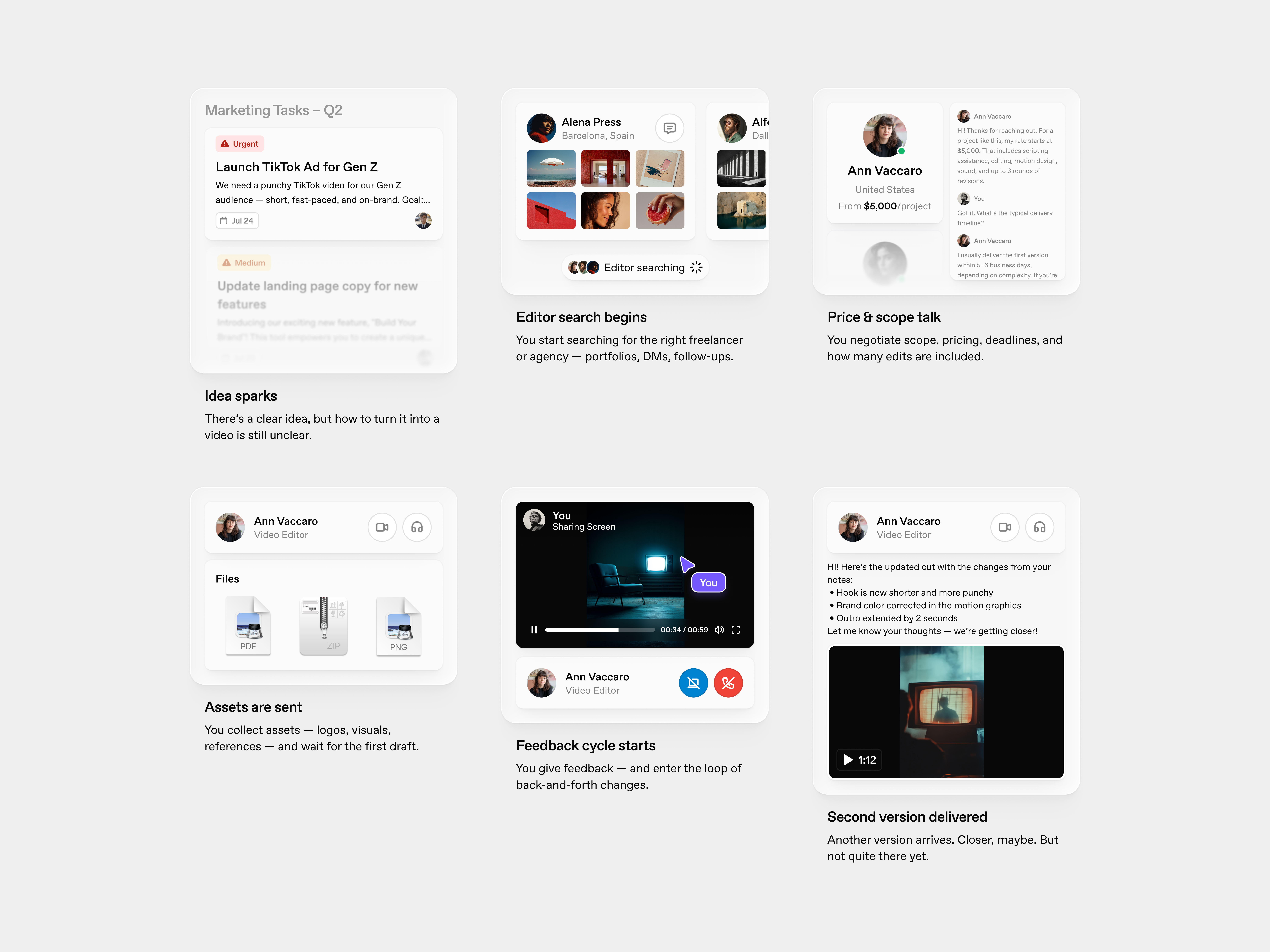 The process of bringing a video to life agent card components design light process ui video web