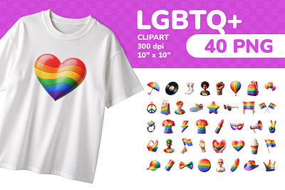 LGBTQ+ PNG Clipart Set 40 Items for Sublimation & Print 3d cartoon clipart colorful education emoji equality icon icons illustration isolated lgbtq love png pride printable rainbow set sticker ui