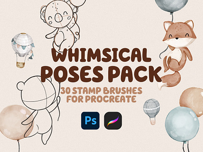 Whimsical Animal Poses Stamp Pack animal illustration character character design children children illustration cute cute animals cute character design illustration pattern photoshop photoshop brushes photoshop stamps procreate procreate brushes procreate stamps whimsical