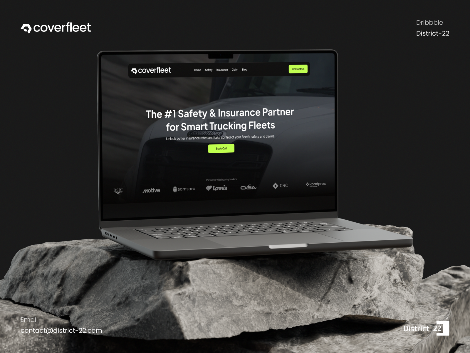 Coverfleet — Dark & Modern Trucking Safety Web Design creative web design custom illustration dark ui district 22 agency fleet management framer insurance website landing page minimal design modern web design neon ui responsive design transportation design trucking website uiux ux design web design website development