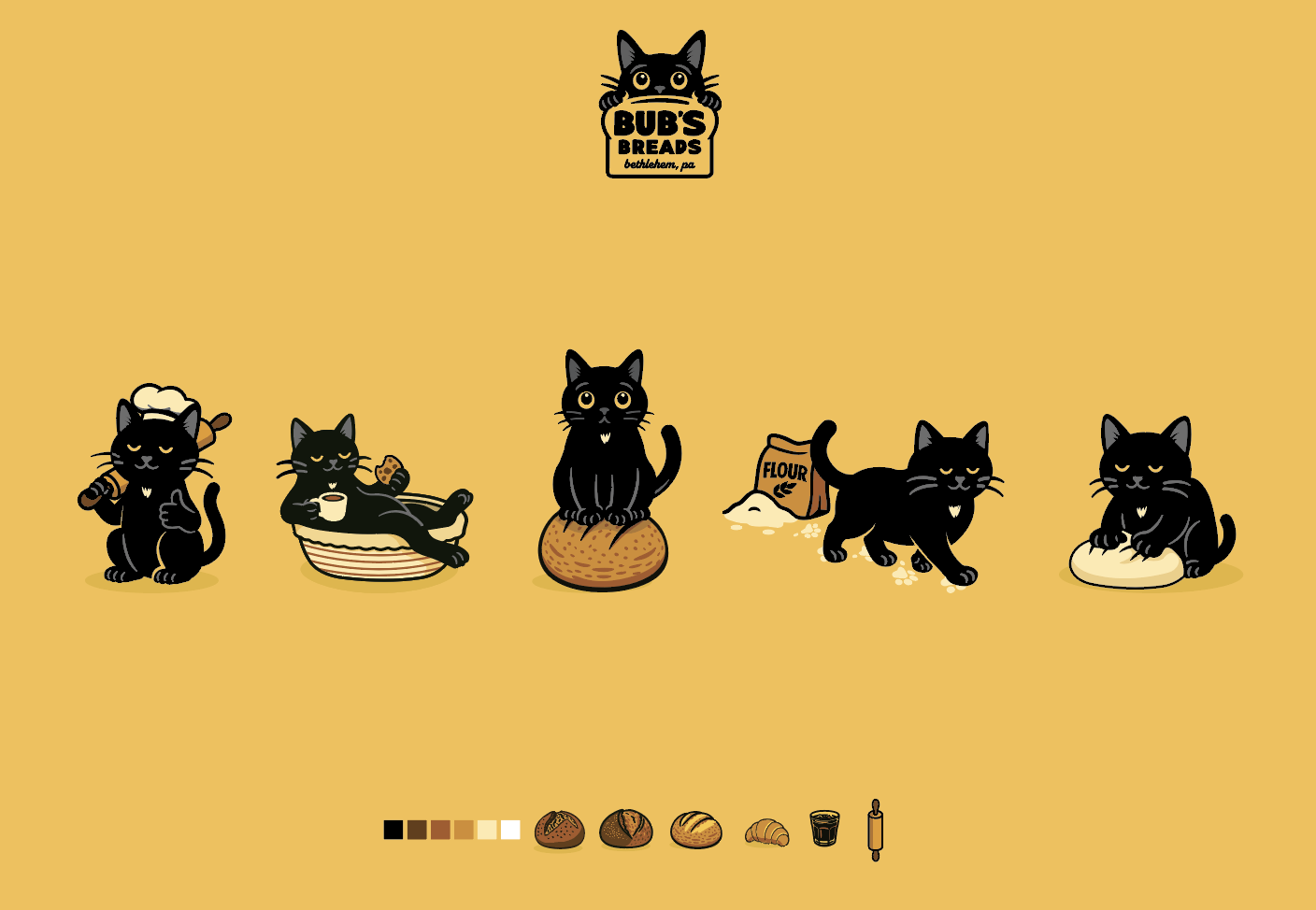 Cat Bakery Branding bakery black cat bread cartoon cats espresso sourdough yellow