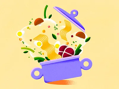Soup brightness egg eggs flat flat illustration food greens illustration illustrator kitchen meat mushrooms noise noodles pot soup texture