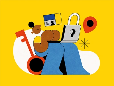 DigitAll blue character design digital illustration inclusion laptop lines location password privacy security spot illustration trust yellow