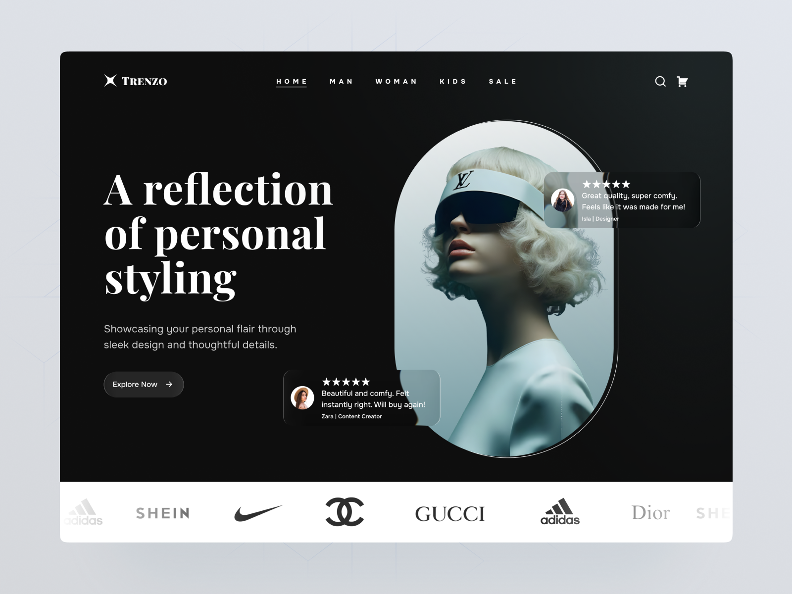 Trenzo – Premium Fashion eCommerce Store Design ✨ black theme website cleanui ecommerce web design fashion landing page fashion ui fashion website hero section landing page minimal ui modern design modern ecommerce premium design product showcase rompweb stylish website uiux web concept web design