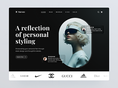 Trenzo – Premium Fashion eCommerce Store Design ✨ black theme website cleanui ecommerce web design fashion landing page fashion ui fashion website hero section landing page minimal ui modern design modern ecommerce premium design product showcase rompweb stylish website uiux web concept web design