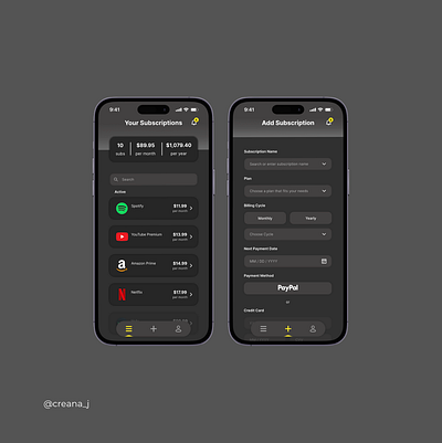 Subscriptions Tracker App Design android app app design clean design clean ui dark mode design figma figma design finance app ios app minimal design mobile app mobile design modern ui subscriptions tracker ui ui design ux ux design