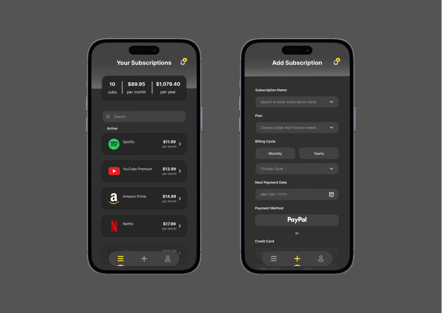 Subscriptions Tracker App Design android app app design clean design clean ui dark mode design figma figma design finance app ios app minimal design mobile app mobile design modern ui subscriptions tracker ui ui design ux ux design