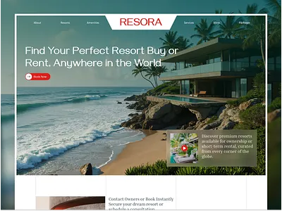 Resora | Resort Rent, Buy Platform Landing Page aethetic landing page all in one resort platform design futuristic design hyper level design landing page design minimal modern landing page ui design product design resort platform website design resort rent ui resort ui resort website ui design trendy design for resort ui ux