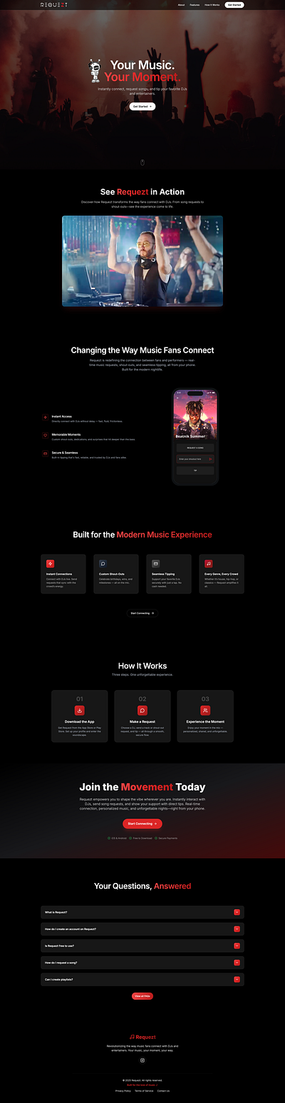 Requezt - Dj Artist App Landing Page - Your Music, Your Moment artist dj djrequezt edm hip hop hits independent indie landing page luxury modern music playlist pop requezt songs tip website