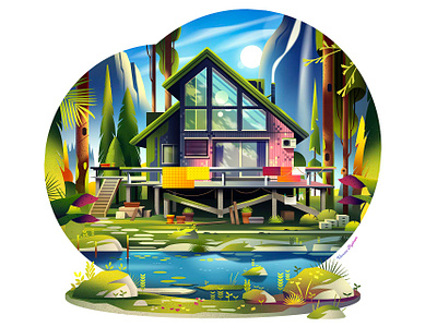 By the river 🛶 cabin camping collection deco forest gradient illustration instagram journey lake lifestyle light nature offgrid outdoor photoshop print travel vector woods