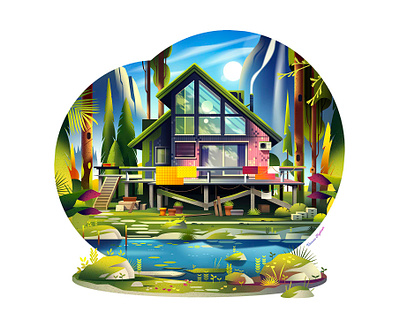By the river 🛶 cabin camping collection deco forest gradient illustration instagram journey lake lifestyle light nature offgrid outdoor photoshop print travel vector woods