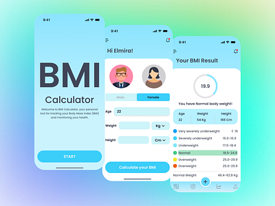 BMI Calculator – Health & Fitness App UI Design app design blue gradient bmi calculator body mass index clean ui fitness app fitness tracker health app health tracker healthy lifestyle medical app minimal design mobile app design mobile ui modern ui ui design ux design wellness app
