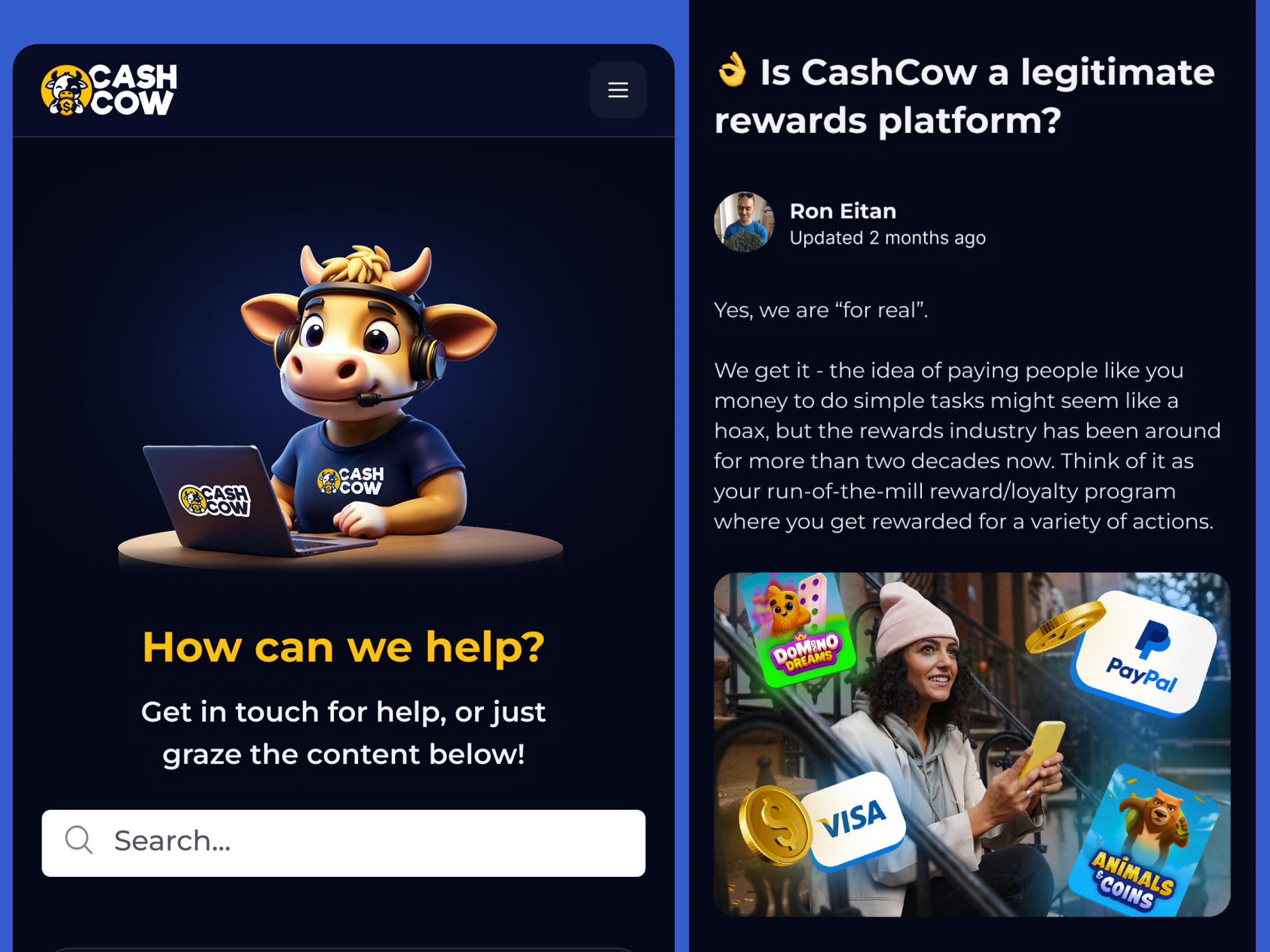 Cashcow: Zendesk Help Center article breadcrumbs desktop homepage mobile search