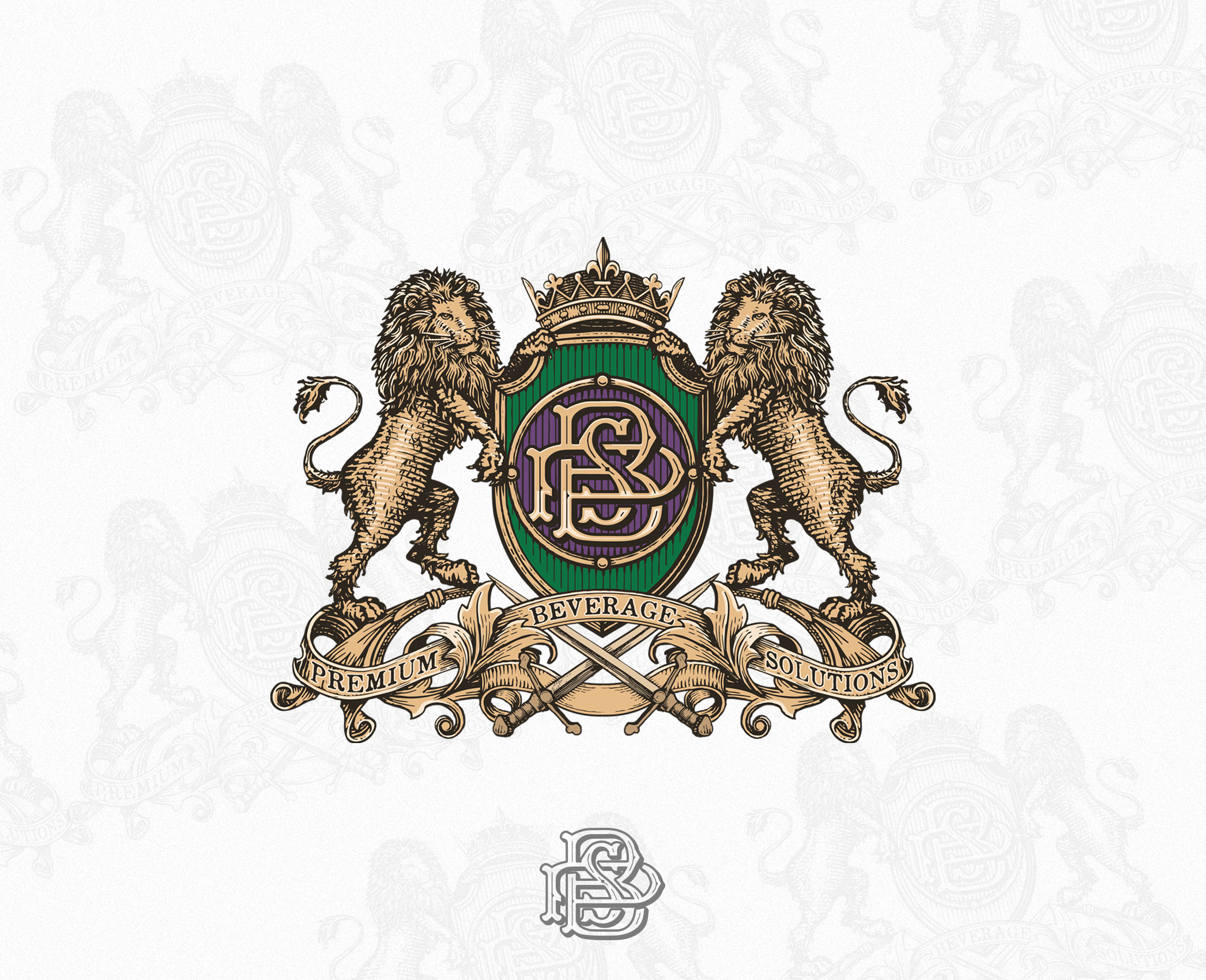 PBS Premium Beverage Solutions artisan beverage branding craft crest design distillery heraldic heraldic crest heraldic logo illustration lion lion logo logo logo design modern spirits vintage vintage lion wine