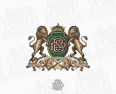 PBS Premium Beverage Solutions artisan beverage branding craft crest design distillery heraldic heraldic crest heraldic logo illustration lion lion logo logo logo design modern spirits vintage vintage lion wine