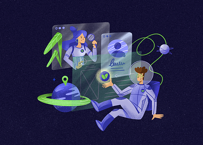 Space guys & remote work character design illustration illustrations planet procreate remote space vector work