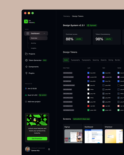 Tokens, Metrics & Adoption at a Glance dashboard design system minimal modern product semantic token ui uiux