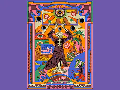 Colorful Trippy Skeleton in Mystical Landscape album branding colorful death design graphic design illustration landscape merch mushroom
