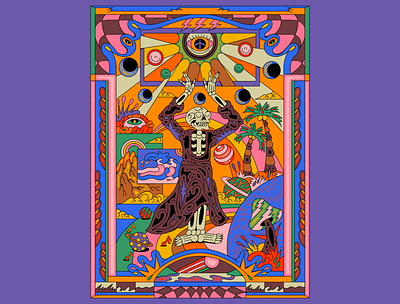 Colorful Trippy Skeleton in Mystical Landscape album branding colorful death design graphic design illustration landscape merch mushroom