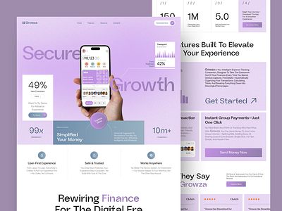 Growza - Finance Management App Landing Page UI banking ui fahim finance finance management finance ui finance website fintech saas fintech ui fintech website landing page money management saas website ui uiux web web ui